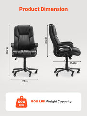 Executive Chair, High Back Office Chair With Knob-Control Lumbar Support, Ergonomic Desk Chair Adjustable Tilt & Height, PU Leather Swivel Rolling Chair For Working, Study, Gaming, Black