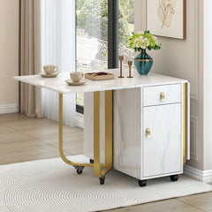 Folding Dining Table 1 Piece With Cupboard And 2 Drawers, Folding Kitchen Utility Table, Space-saving Dining Table With 4 Supporting Legs On Gliders White Gold