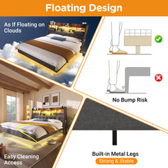 Upholstered Bed 4ft6 Floating Bed With LED Lighting, USB Type-C Charging, Storage Headboard For Cellphones And Tablets,  135 X 190 Cm Double Bed With Metal Slatted Frame, Linen, Grey  No Mattress