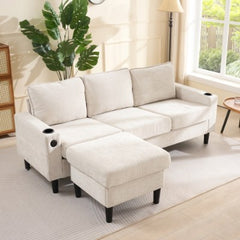 L-Shaped Couch Sofa, Corner Sofa 3 Seater Sofa, Sectional Sofa Couches With USB, Cup Holder, For Apartment Living Room Beige