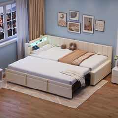 3ft Single Velvet Daybed, Sofa Bed With RGB LED Lights And Charging Station, Upholstered Sofa Bed With Trundle, Pull Out Trundle Bed For Living Room, Bedroom Or Study, Beige No Mattress