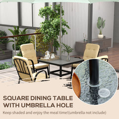 5 Pieces Outdoor Square Garden Dining Set W/ Tempered Glass Dining Table 4 Cushioned Armchairs, Umbrella Hole, Beige