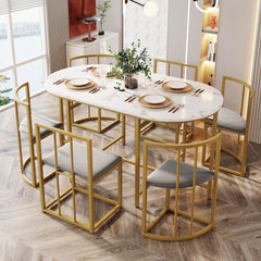 Six-Chair Dining Table Set White Table, Chairs With Backrests And Gray Upholstery, Gold Iron Frame,Dining Room Table And Chair Set,Modern Dining Table Combination