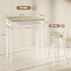 Bar Table Set, Bar Table And Stools Set, Footrest And Storage Shelf, For Kitchen, Dining Room, Pub, Cafe, White And Oak