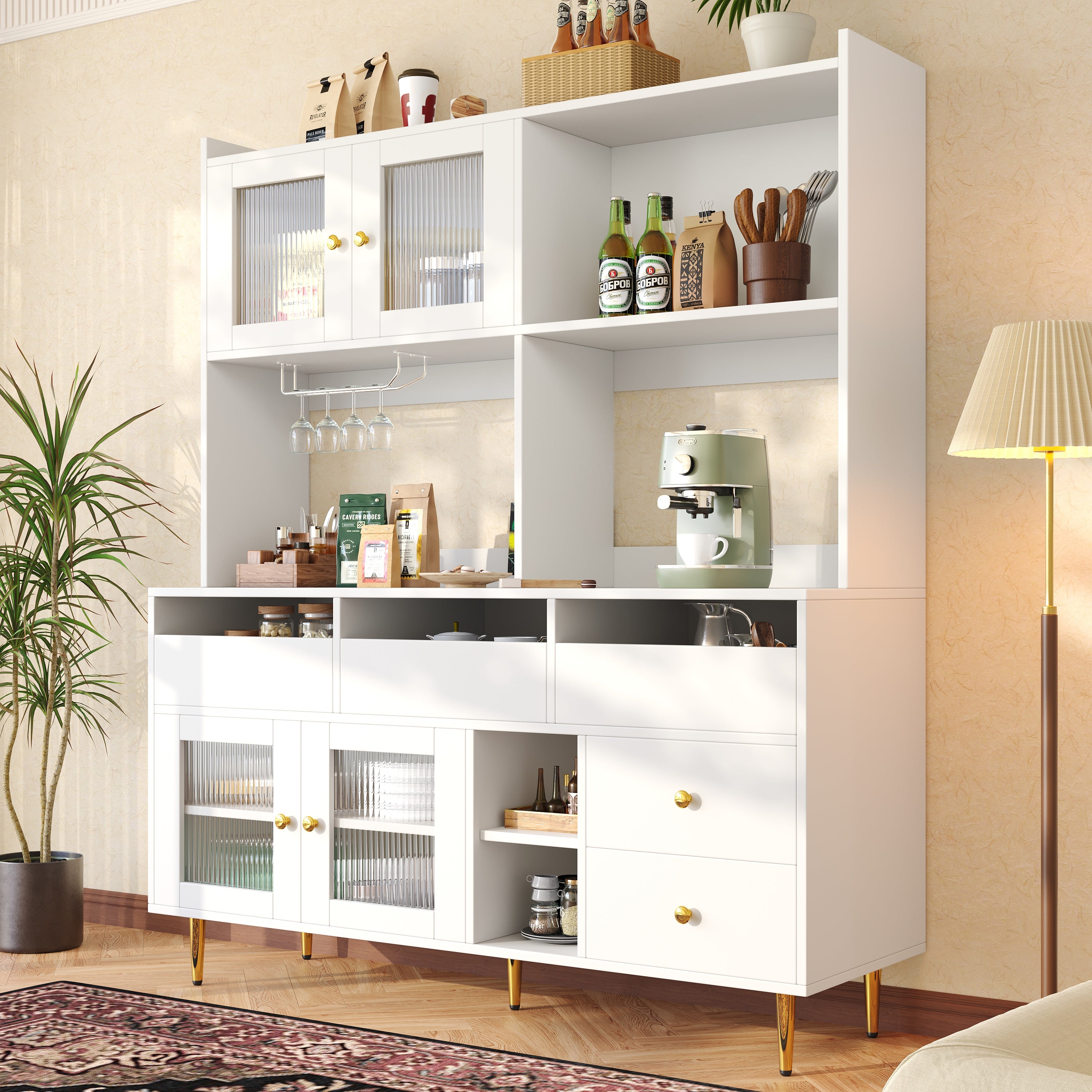 Multi-purpose Storage Cabinet 145 X 39 X 171 Cm, Modern Design, With Changhong Glass Door, Wine Glass Holder, Multi-layered Storage Space, White With Gold Decoration, Suitable For Home And Restaurant