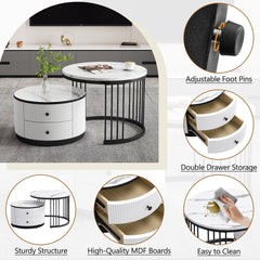 High Gloss Modern Round Nesting Coffee Table With Marble Pattern Top, White & Black Nesting Coffee Table Set Of 2 Center Table With Storage Drawers For Living Room Apartment Office