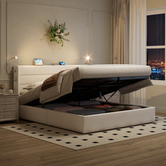 King Upholstered Bed With Charging Station, Linen Hydraulic Storage Bed With Adjustable LED Reading Light, 5ft Double Bed With USB And Type - C Ports, Beige No Mattress