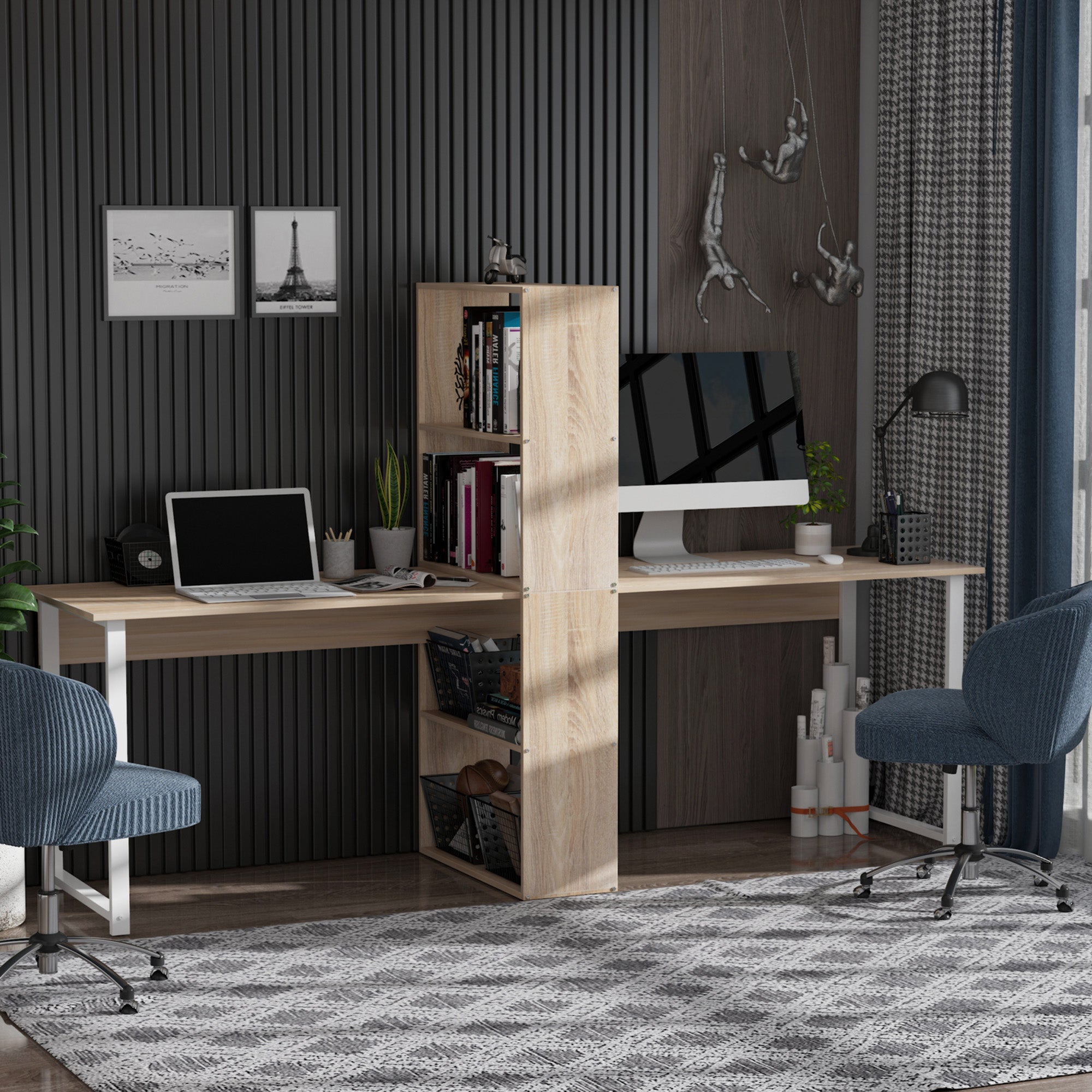 88" Extra Long 2-Person Computer Desk With Storage Shelves Combo, Double Workstation Storage Study Writing Table For Home Office, Bookshelf, Natural Wood Color