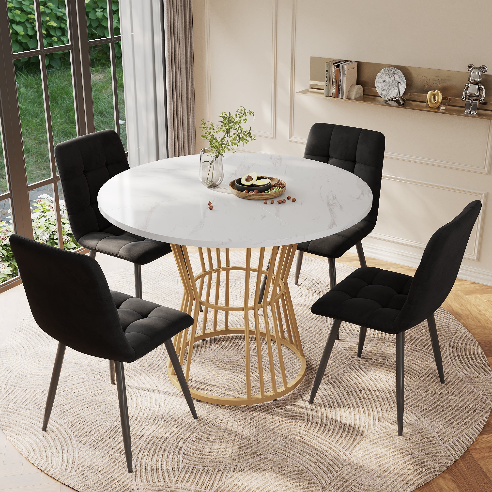Dining Table Set  5-piece , Dining Table Set With 4 Chairs, Kitchen Table Set, Round Dining Table With 100 Cm Diameter And Golden Metal Legs, White MDF Table Top, Black Velvet Dining Chairs