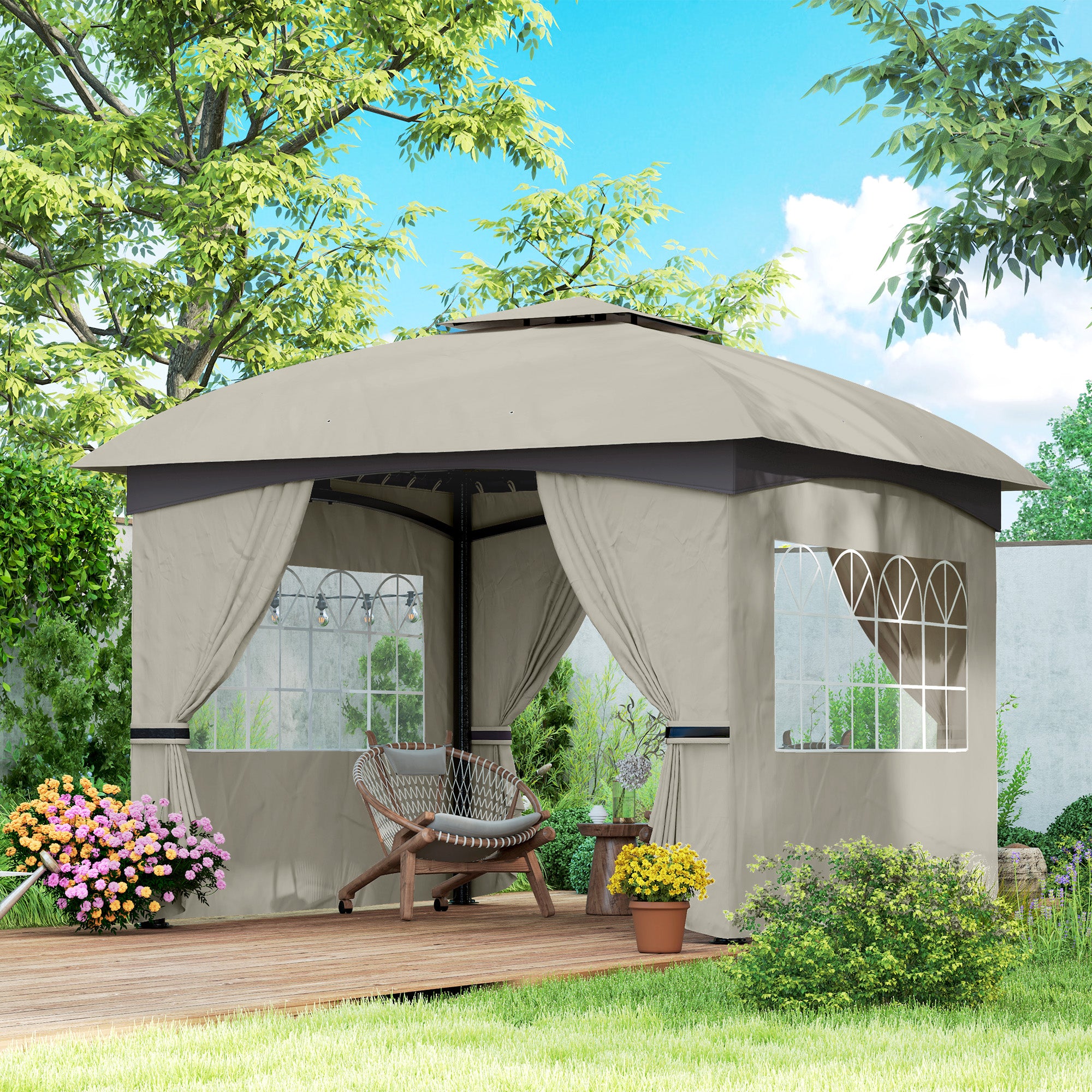 11' x 11' Outdoor Gazebo, Double Roof Patio Gazebo with Curtains, Church Windows, Galvanized Steel Frame, Light Gray