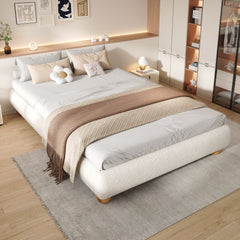Upholstered Bed, 4ft6 Double Bed 135x190cm, Sturdy Bed Slats, Comfortable Soft Bed, Boucle  MDF Plywood, Beige