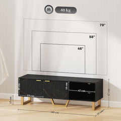 Marble Effect TV Unit, TV Stand Cabinet For Up To 70" TVs, Modern TV Cabinet With Shelves And Storage Cupboard, Fluted Door, Extra Centre Leg, Cable Management For Living Room, Black