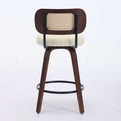 Set Of 3 Counter Height Bar Stools  26 Inch Rattan Counter Height Stools With Cane Back, Upholstered Seat, Walnut Craftsmanship, Swivel Counter Stools For Island  Kitchen  Counter  Bar Walnut Beige