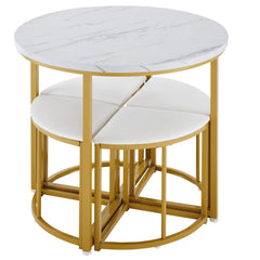 Modern Metal Frame Round Marble Dining Table And Chair Set 5 Pieces With 4 Semi-circular Stools, Suitable For Small Apartments And Restaurants