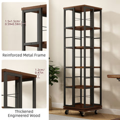 5 Tiers Rotating Bookshelf, Corner Bookcase, 360 Display Wood Spinning Bookshelves, Floor Standing Bookcase Narrow Shelf, Rustic Brown