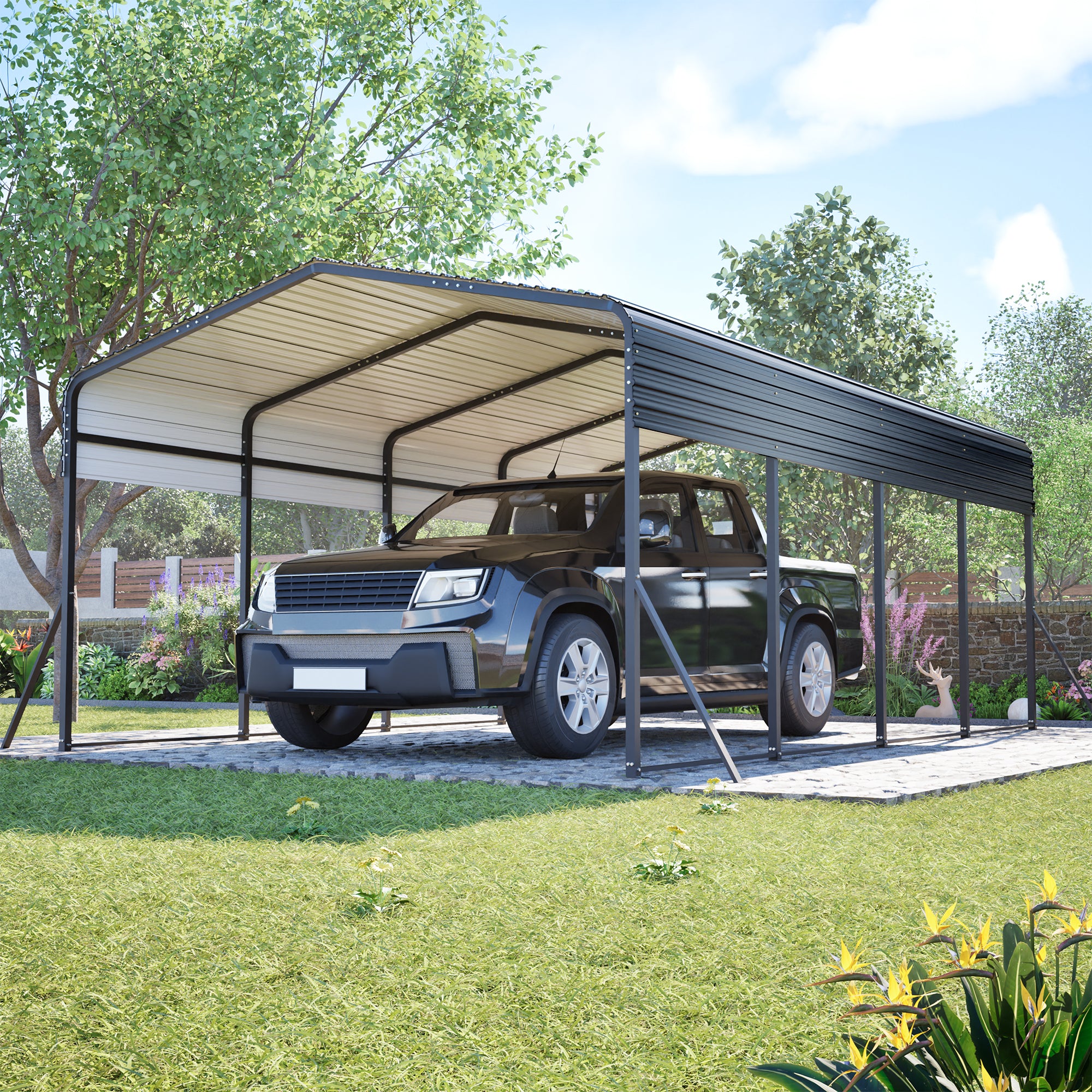 13x20 FT Metal Carport,Garage With Upgraded Triangle Reinforced Frame&4 Poles,Galvanized Steel Hardtop Roof,Heavy-Duty All-Weather Shelter For Car,Truck,Boat,Outdoor Storage