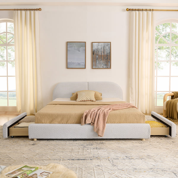 Queen Size Upholstered Bed Frame Modern Minimalist Style - Circle Yarn Fabric, Tall Curved Headboard, Sturdy Leg Support & Wheeled Drawer Storage, Mattress Not Included -Beige