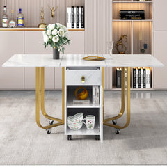 Folding Dining Table 1 Piece With Cupboard And 2 Drawers, Folding Kitchen Utility Table, Space-saving Dining Table With 4 Supporting Legs On Gliders White Gold