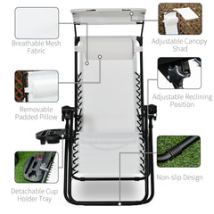 Zero Gravity Garden Folding Patio Sun Lounger W/Cup Holder & Canopy Shade White