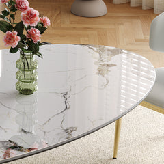 71 Modern Luxury Marble Dining Table Set For 4-6 People - Oval Kitchen Table With Gold Stainless Steel Base  - Elegant Contemporary Dining Room Furniture-Only Table