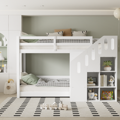 Childrens Bunk Bed, 2 Single Beds - 3ft 90x190cm, Suitable For 2 Children, Multifunctional Children's Bed With Stairs And Storage Cabinets, Stable Railings, Mattress Not Included, White