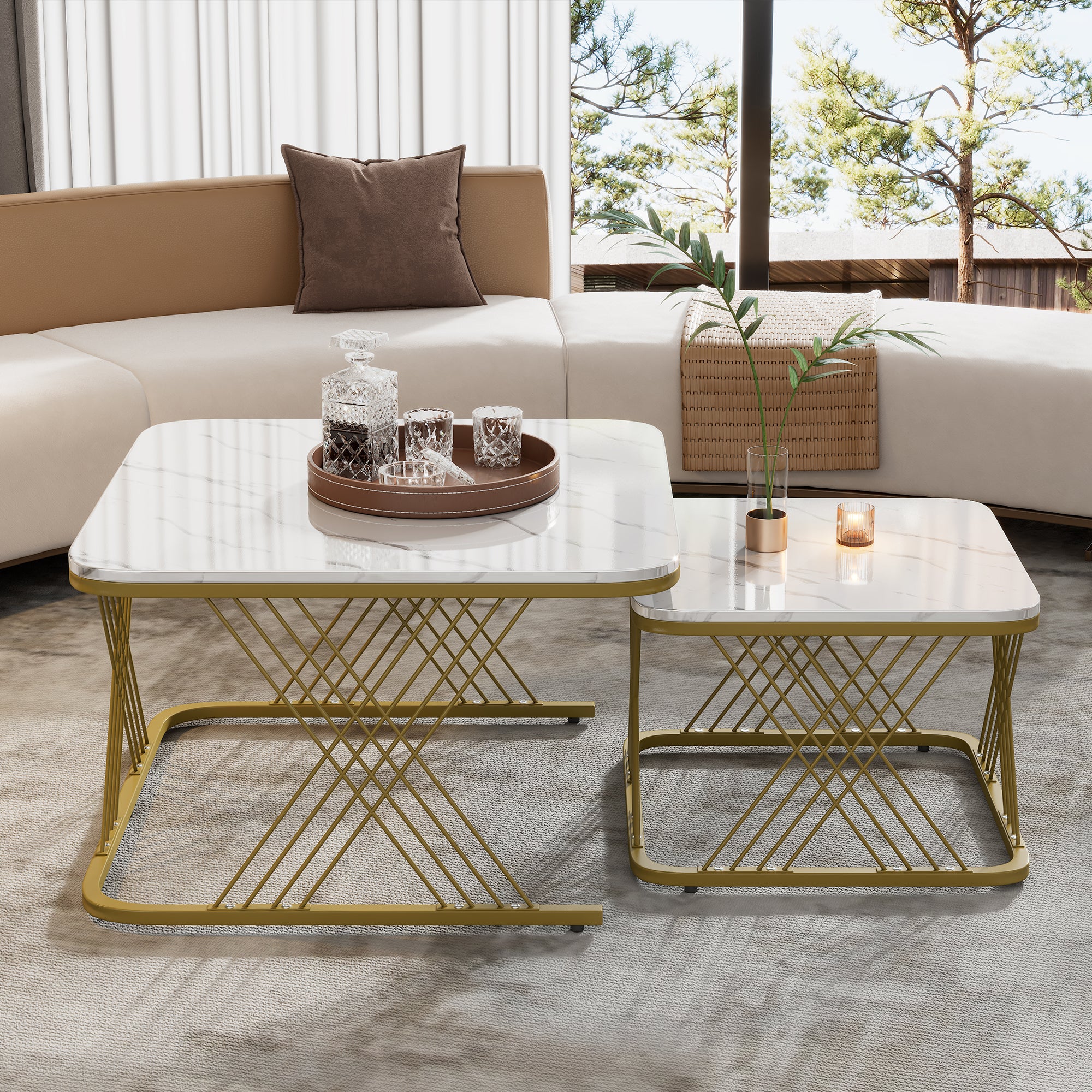 Nest Of 2 Tables,Square Coffee Table Set,Nesting Sofa Table,Multi-functional End Side Table,Nesting Tables With Gold Metal Frame Legs And Marble Pattern White Top For Living Room,70x70x43cm,White Gold