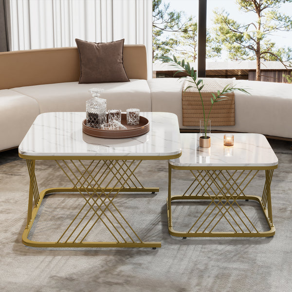 Nest Of 2 Tables,Square Coffee Table Set,Nesting Sofa Table,Multi-functional End Side Table,Nesting Tables With Gold Metal Frame Legs And Marble Pattern White Top For Living Room,70x70x43cm,White Gold