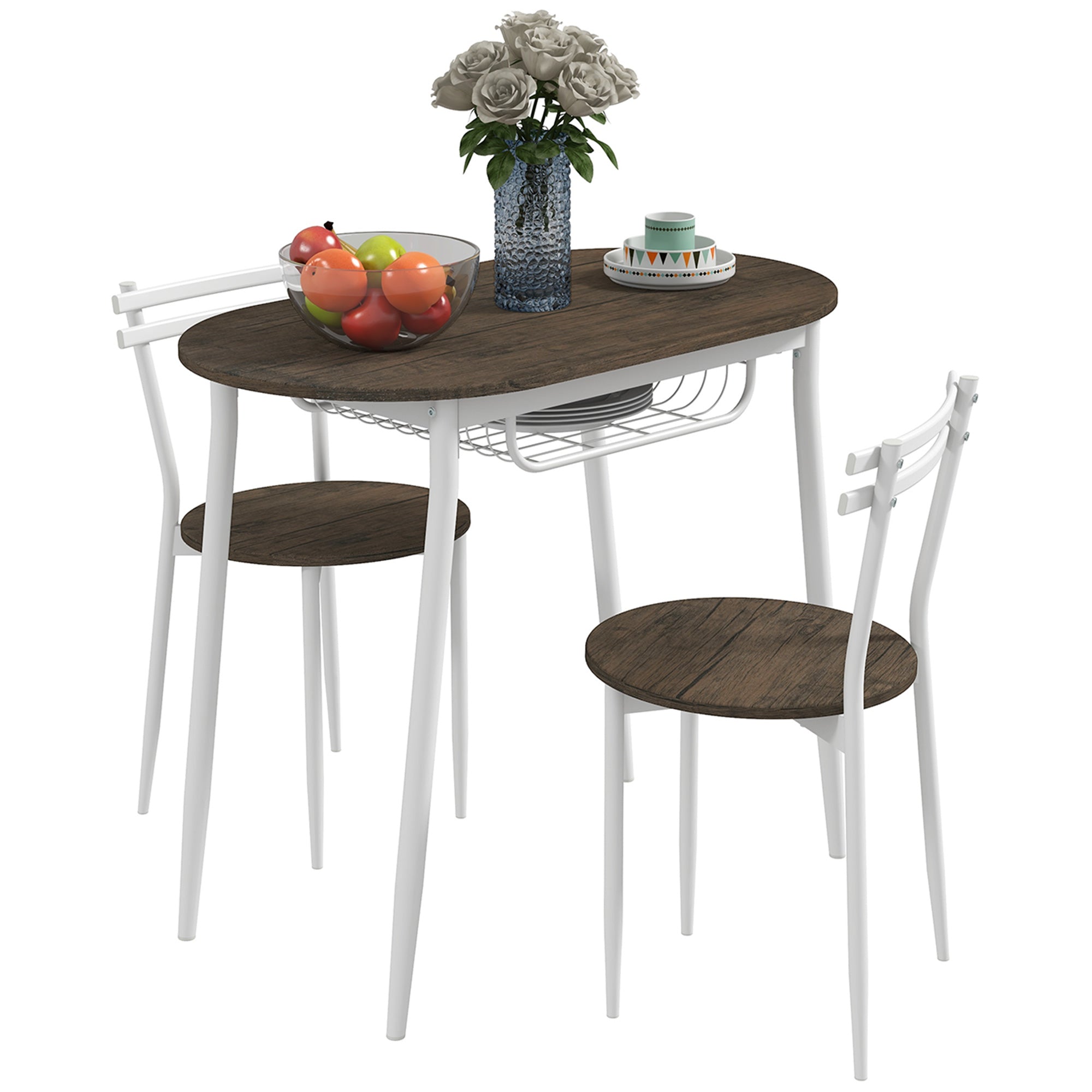 3-Piece Dining Table And Chairs Set, Oval Kitchen Table With 2 Chairs, With Wire Storage Shelf And Steel Frame, Natural