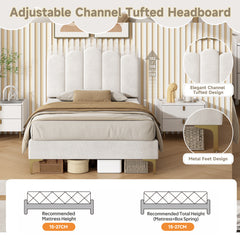 3ft Single  Premium Velvet Upholstered Bed Frame With Scalloped Channel Tufted Design, Height Adjustable Headboard & Gold Metal Feet, Under-bed Storage Space, No Box Spring Needed, Beige  No Mattress