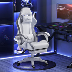 Vinsetto Computer Gaming Chair, PU Leather Desk Chair With Footrest, Swivel Task Chair With 135° Reclining Back And Lumbar Support, PC Chair For Adults, White And Grey