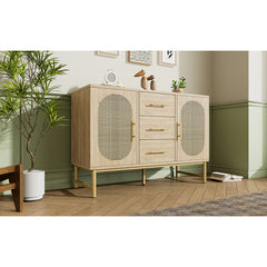 Rattan Sideboard Storage Cabinet With 2 Doors 3 Drawers, Storage Cabinet For Living Room, Bedroom, And Hallway, Metal Handles, Adjustable Shelves, Anti-Tip, 120 X 40 X 74 Cm, Oak