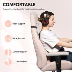 Fabric Gaming Chair With Lumbar Support, Headrest - Pale Pink
