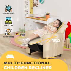 Kids Recliner Chair, PU Leather With Adjustable Backrest, Footrest, Padded Headrest, Beige
