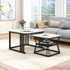 Nest Of 2 Tables  Square Coffee Table Coffee Table Set Nesting Sofa Table Multi-functional End Side Table Nesting Tables With Black Metal Frame Legs And Marble Pattern White Top For Living Room Home