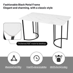 140 X 80cm Dining Table, 1-pcs Modern Kitchen Table, Metal Frame Rectangular Dining Table In Modern Marble Pattern Kitchen Table With Adjustable Feet For Dining Room Living Room, White Black