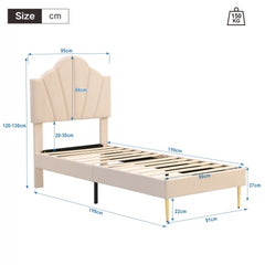 Velvet Upholstered Bed,Single Bed-3ft 90x190cm, Shell-like Bed With Golden Iron Legs, Height-adjustable Headboard, Wooden Slatted Frame