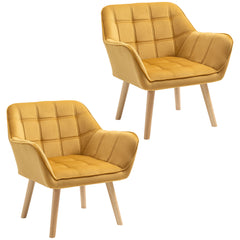 Armchair Accent Chair, Vanity Chair With Wide Arms, Slanted Back, Padding, Metal Frame, Wooden Legs, Home Bedroom Furniture Seating, Set Of 2, Yellow