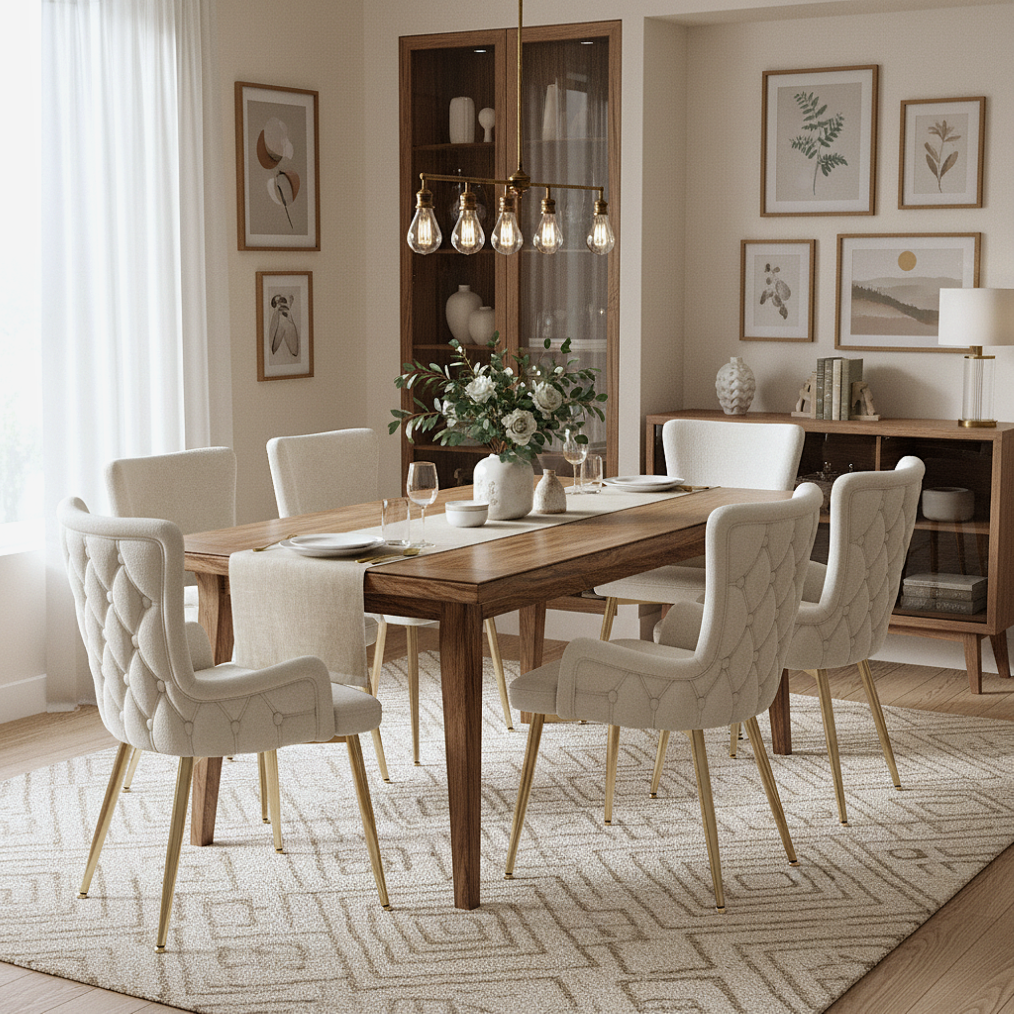 Velvet Dining Chair, Set Of 6, Luxurious Living Room Bedroom Lounge Chair With Four Gold-colored Metal Support Legs, Beige