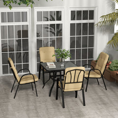5 Pieces Outdoor Square Garden Dining Set W/ Tempered Glass Dining Table 4 Cushioned Armchairs, Umbrella Hole, Beige