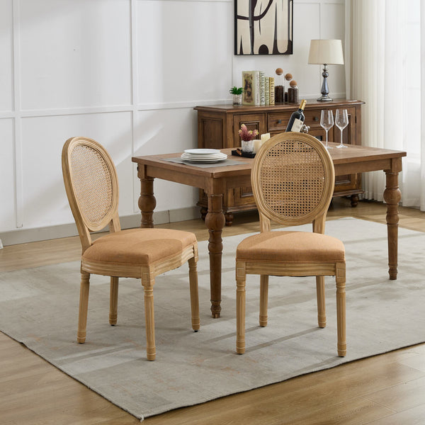 A&A Furniture,French Style Solid Wood Frame Antique Painting Linen Fabric Rattan Back Dining Chair,Set Of 2,Tan