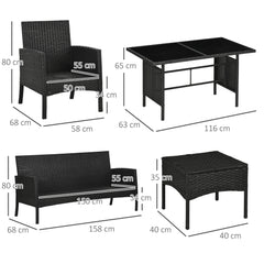 5 Seater Rattan Garden Furniture Set, 6 Piece Garden Sofa Set, Armchairs, 3-Seater Sofa, Footstools, Glass Dining Table, Cushions, Wicker Outdoor Furniture For Conservatory Patio, Cream