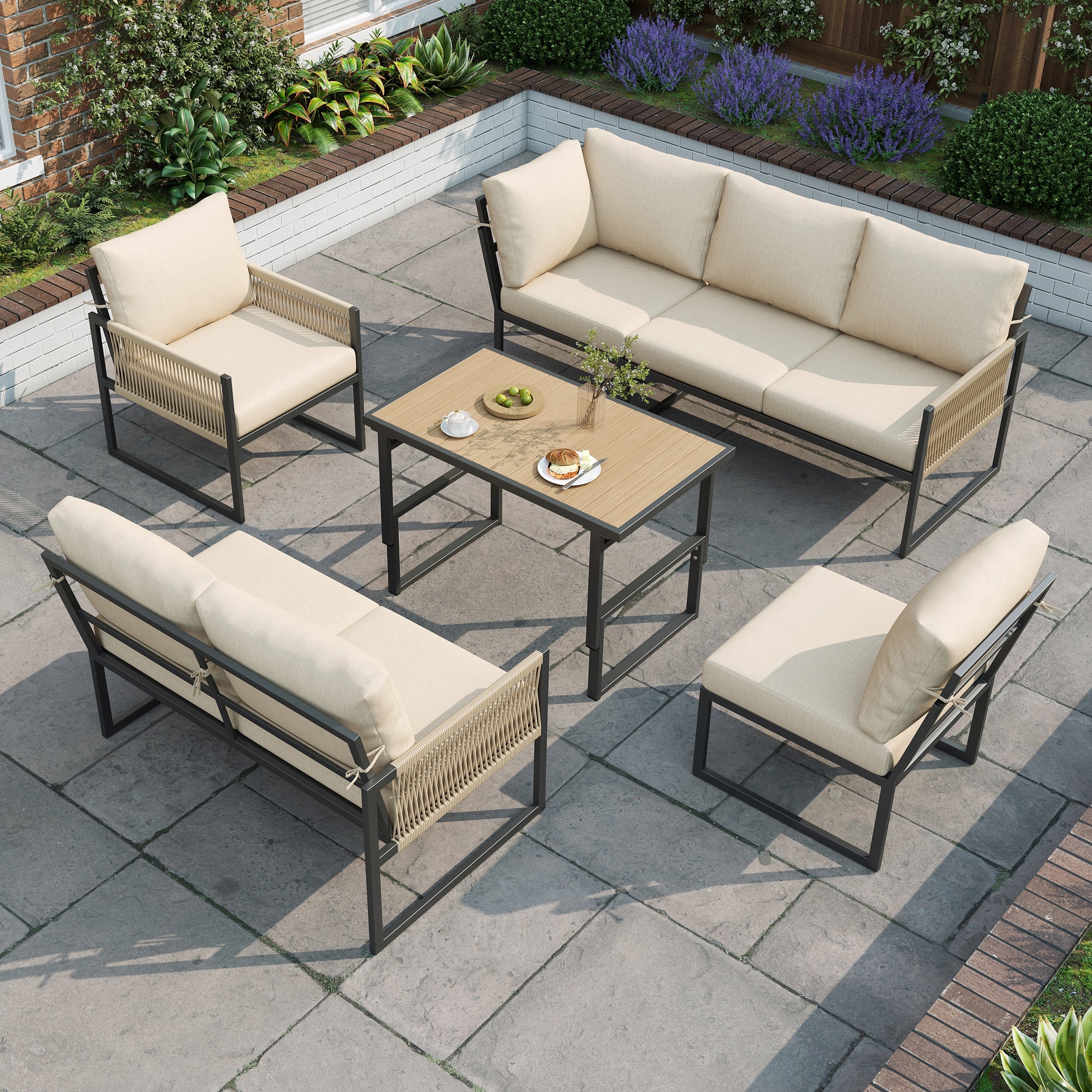 6-7 Seater Garden Furniture Set With Height Adjustable Rising Coffee Table, Corner Sofa With Polyester Rope, Weatherproof Outdoor Patio Dining Lounge Set For Balcony And Terrace, Beige