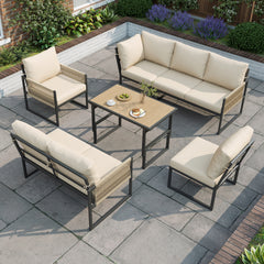 6-7 Seater Garden Furniture Set With Height Adjustable Rising Coffee Table, Corner Sofa With Polyester Rope, Weatherproof Outdoor Patio Dining Lounge Set For Balcony And Terrace, Beige