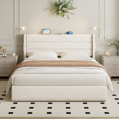 King Upholstered Bed With Charging Station, Linen Hydraulic Storage Bed With Adjustable LED Reading Light, 5ft Double Bed With USB And Type - C Ports, Beige No Mattress