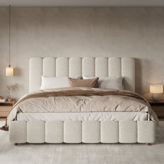 Upholstered Bed, King Size Bed, 5ft-150x200cm, Hydraulic Functional Bed, Bed With Slatted Frame, Headboard And Large Storage Space, Padded Headboard, White Boucle