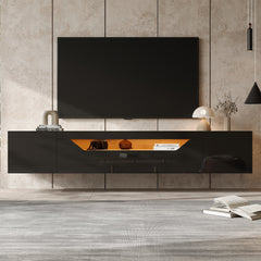 Floating TV Stand Cabinet With LED Lights, High Gloss TV Unit With Ll-Down Door, Wall Mounted TV Entertainment Center With 2doors, For Living Room Bedroom, 180x37x36cm, Black, Holds TVs Up To 75