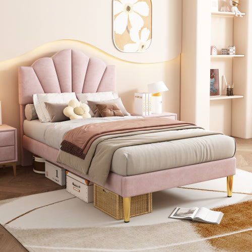 Velvet Upholstered Bed,Single Bed-3ft 90x190cm, Shell-like Bed With Golden Iron Legs, Height-adjustable Headboard, Wooden Slatted Frame