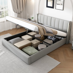 LED Upholstered Super King Size Bed - 6ft 180x200cm With Storage & Hydraulic Lift, USB Charging Ports, Adjustable Headboard & Lighting, PU , Grey