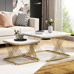 Nest Of 2 Tables,Square Coffee Table Set,Nesting Sofa Table,Multi-functional End Side Table,Nesting Tables With Gold Metal Frame Legs And Marble Pattern White Top For Living Room,70x70x43cm,White Gold