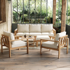 4-6 Seater Garden Lounge Set, Acacia Wood Frame Outdoor Patio Furniture,Includes All Chairs & Backrest Cushions,Three-seater Table - Two Single Seats-  Ottoman  Coffee Table,Natura- Cream